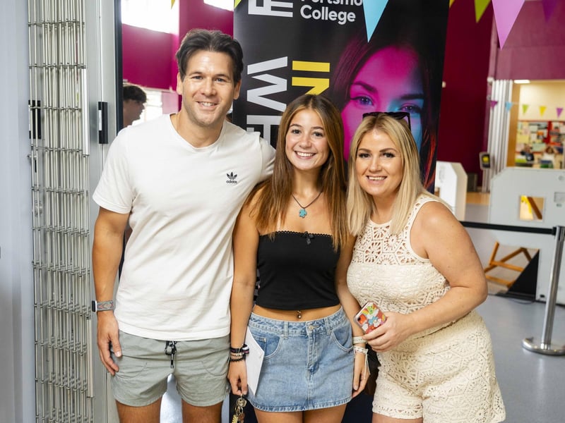 Izzy Murphy-Farley celebrates with her parents at City of Portsmouth College results day 2024.