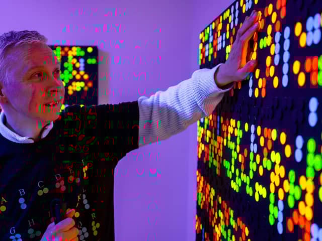 Visually impaired Portsmouth artist Clarke Reynolds at his new solo exhibition, Journey by Dots, which is on at Aspex from 8 April to 26 June 2022.