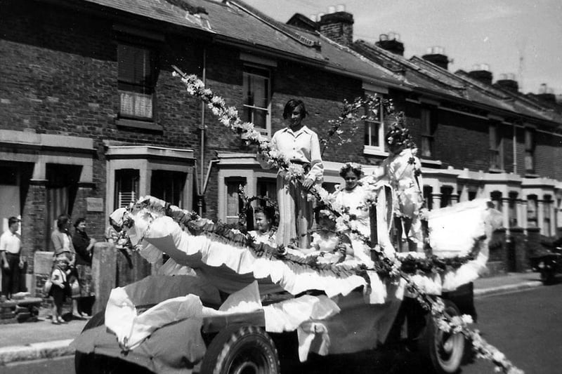 Queen of the carnival - Jane Bambury is paraded around Stamshaw in her gondola in 1959