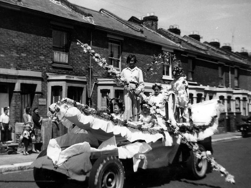 Queen of the carnival - Jane Bambury is paraded around Stamshaw in her gondola in 1959