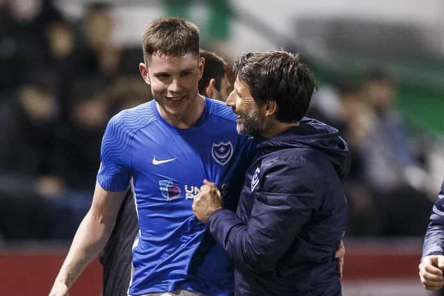 Danny Cowley congratulates George Hirst after his goal-scoring contribution in Pompey's 3-0 win at Lincoln. Picture: Daniel Chesterton/phcimages.com