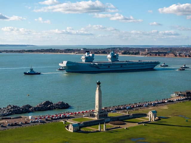 HMS Prince of Wales sailing out of Portsmouth as she heads for a huge Nato deployment in the North Sea. Picture: Michael Woods - Solent Sky Services.