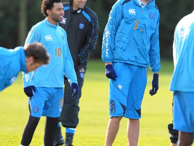 Jermaine Pennant, Tony Adams and Peter Crouch during a Pompey session