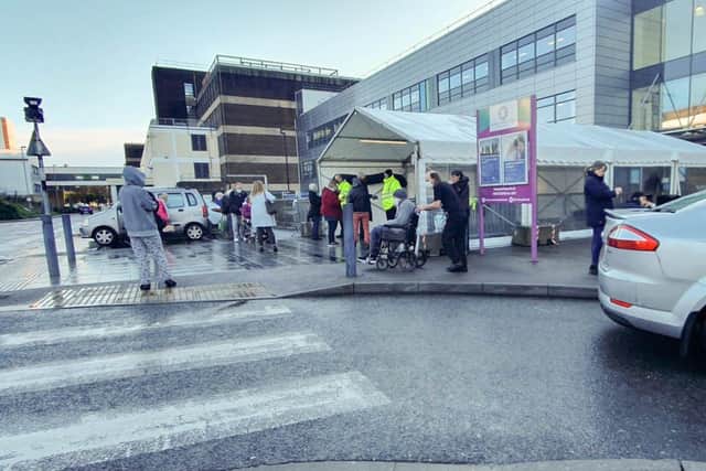 Major incident declared at Queen Alexandra Hospital in Portsmouth after significant water leak on Friday 7 January 2022. Pictured: North entrance with a few people outside