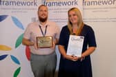 Deputy Manager Aaron Ballinger and Home Manager Aimee Sparks receiving the Gold Standard Framework Hallmark Award
