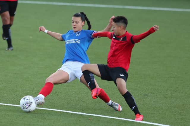 Pompey skipper Jade Bradley in action against Gillingham at Westleigh Park last October. Pic: Dave Haines.