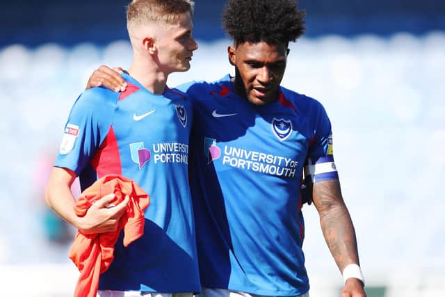 Former Pompey youngster Eoin Teggart is congratulated by team-mate Ellis Harrison after his debut against Norwich under-21s in the 2019-20 Checkatrade Trophy