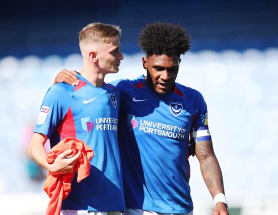 Former Pompey youngster Eoin Teggart is congratulated by team-mate Ellis Harrison after his debut against Norwich under-21s in the 2019-20 Checkatrade Trophy