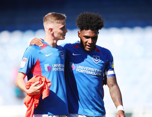 Former Pompey youngster Eoin Teggart is congratulated by team-mate Ellis Harrison after his debut against Norwich under-21s in the 2019-20 Checkatrade Trophy