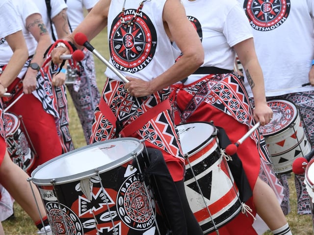 The drummers of Batala Portsmouth playing at Guilfest