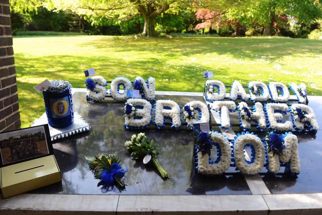 Devoted dad and Pompey fan Dominic Merrix died suddenly after appearing to recover from Covid-19. His funeral took place at Portchester Crematorium on Monday, April 27.Picture: Sarah Standing (270420-7996)