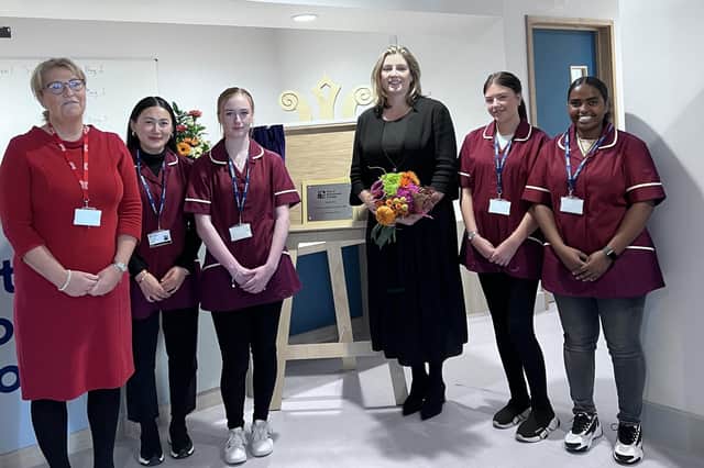 Portsmouth North MP Penny Mordaunt with City of Portsmouth College principal Katy Quinn (left) and students at the health suite. Picture: Noni Needs