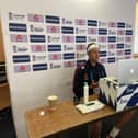 Stuart Broad takes part in a behind closed doors press conference at The Ageas Bowl, answering questions via a laptop. Photo: ECB via Getty Images.
