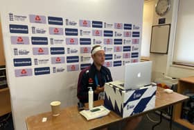 Stuart Broad takes part in a behind closed doors press conference at The Ageas Bowl, answering questions via a laptop. Photo: ECB via Getty Images.