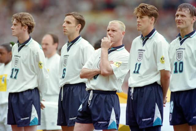Darren Anderton (second from the right) lines-up with his England team-mates ahead of the Euro 96 opening game against Switzerland in June 1996. Picture: Shaun Botterill/Allsport/Getty Images.