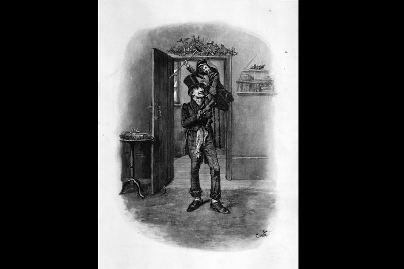 circa 1844:  Bob Cratchit carrying Tiny Tim on his shoulders. A scene from 'A Christmas Carol' by Charles Dickens.  Illustration by Fred Barnard  (Photo by Hulton Archive/Getty Images)