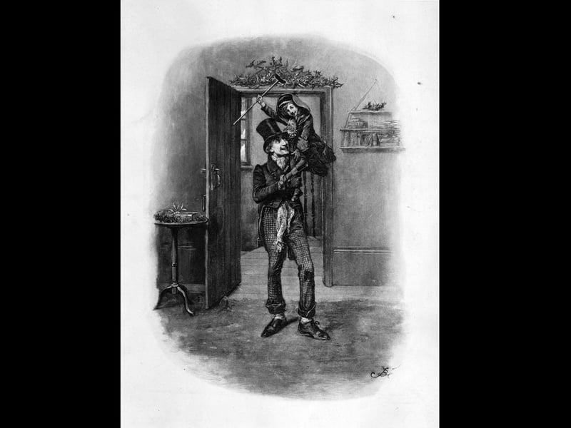 circa 1844:  Bob Cratchit carrying Tiny Tim on his shoulders. A scene from 'A Christmas Carol' by Charles Dickens.  Illustration by Fred Barnard  (Photo by Hulton Archive/Getty Images)
