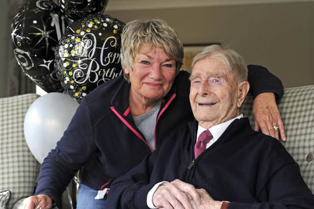 Tom Hyom celebrates his 100th birthday with daughter Maureen Dunkley. 
Picture Ian Hargreaves  (180465-1)