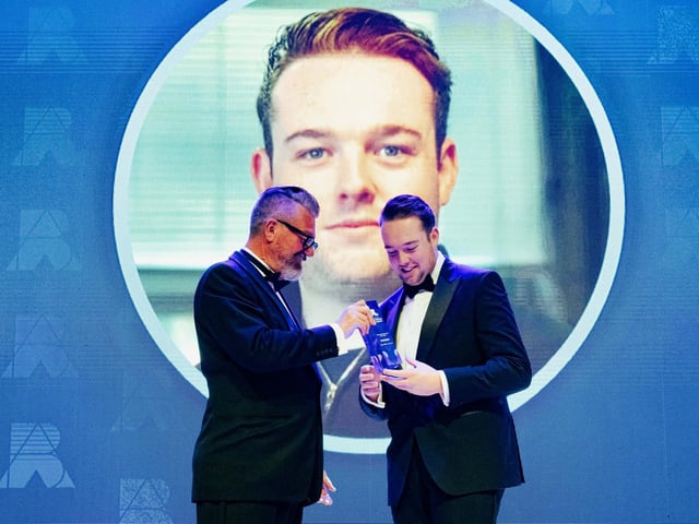 Mark Collins hands over the Young Entrepreneur of the Year award to Ben O'Nion.  Picture: Keith Woodland (270321-169)