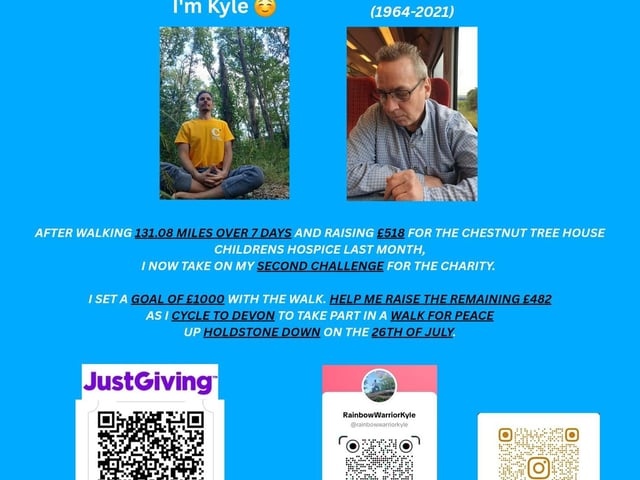 Poster promoting Kyle's 180 mile cycle to Devon for the children's hospice The Chestnut Tree House
