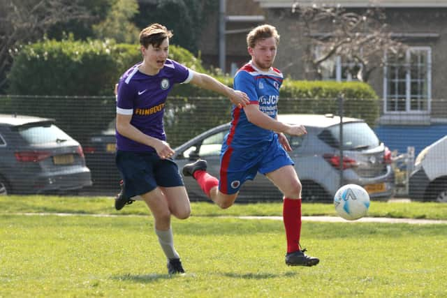 The Meon (blue) v Southsea United. Picture by Kevin Shipp