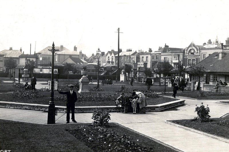 Gosport Esplanade Gardens. Admiral Gambier's old drinking fountain, built in 1870, is visible on the left of this view of Esplanade Gardens from about 1930. Note the diversity of building styles fronting Beach Street, including the Alexandra Dining Rooms