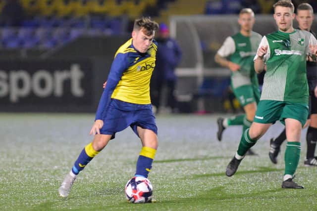 Goalscorer Ryan Pennery in action during Moneyfields' win over Blackfield at Westleigh Park. Picture by Martyn White