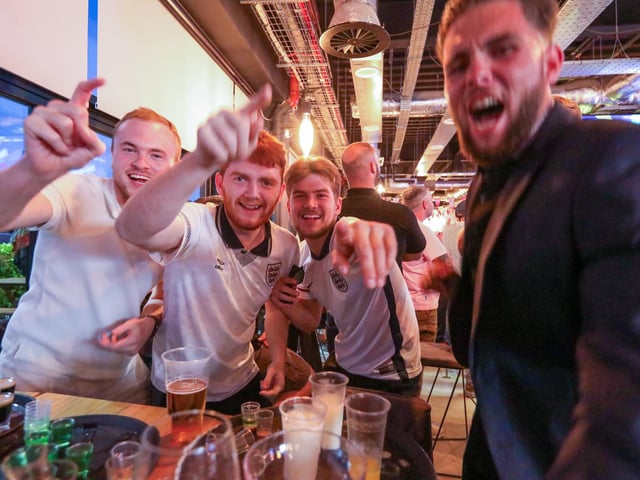 Celebrations at full-time. Fans watch Netherlands v England, UEFA Euros 2024 semi-final played in Dortmund, at Village Hotel, Lakeshore Drive, CoshamPicture: Chris  Moorhouse (100724-093)