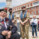 D-Day veteran Joe Cattini (98) escorted by Portsmouth Sea Cadet Hayden Temperton (13). Picture: Mike Cooter (250621)