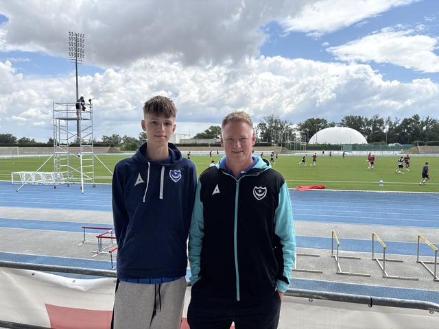 Christian Bailey, aged 18 from Bratislava, and Guy Bailey, aged 56 from Bratislava, at Pompey's open training session at the X-Bionic Sphere Sports Centre in Šamorín, Slovakia.