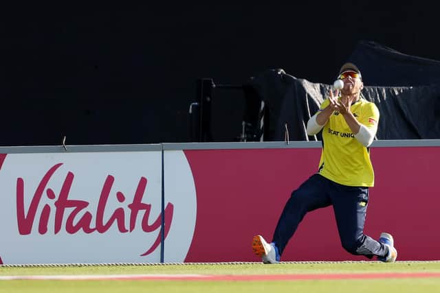 Hampshire's Joe Weatherley catches Harrison Ward off the bowling of Tom Prest. Photo by Warren Little/Getty Images
