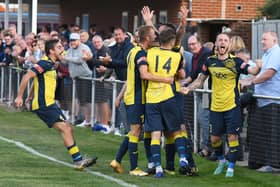 Moneyfields celebrate Steve Hutchings' second goal.
Picture: Neil Marshall