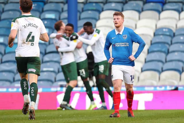 Luke Jephcott celebrates his second goal after Plymouth controversially make it 2-0 on the counter attack following claims of handball against Will Aimson. Picture: Joe Pepler
