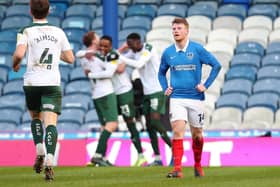 Luke Jephcott celebrates his second goal after Plymouth controversially make it 2-0 on the counter attack following claims of handball against Will Aimson. Picture: Joe Pepler