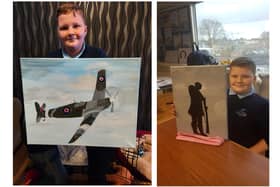 Connor Clements, 12 from Gosport, has been creating artwork to raise funds for Help For Heroes. Pictured: Proud artist Connor with some of his work