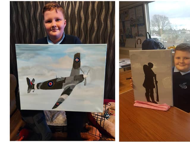 Connor Clements, 12 from Gosport, has been creating artwork to raise funds for Help For Heroes. Pictured: Proud artist Connor with some of his work