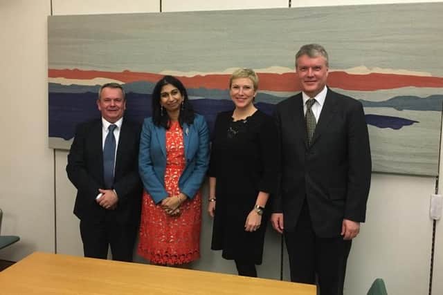 Pictured (l to r): Cllr Rob Humby, Fareham MP Suella Braverman, transport minister Baroness Charlotte Vere, and Cllr Sean Woodward.