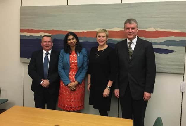 Pictured (l to r): Cllr Rob Humby, Fareham MP Suella Braverman, transport minister Baroness Charlotte Vere, and Cllr Sean Woodward.