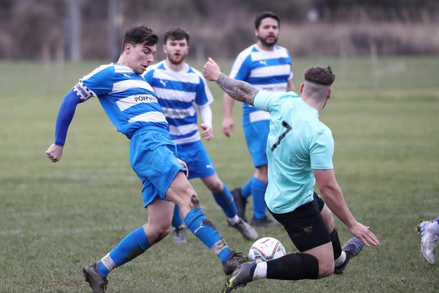 Old Boys Athletic v AC Copnor (blue/white hoops). Picture: Stuart Martin