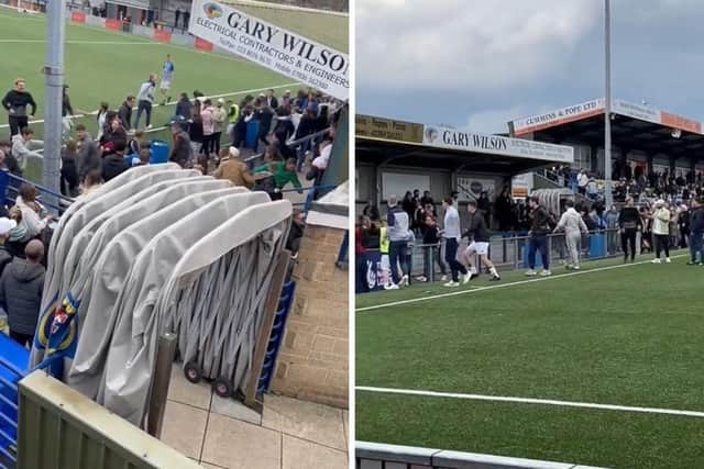 Video screenshots of a fight which broke out after the final whistle of the London Cup final between Emsworth Town FC and Coach and Horses Albion at Westleigh Park in Havant on Sunday, April 23. Footage of the fight garnered over 1.5m views on Twitter.