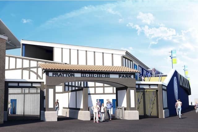 An artist's impression of how the new-look Milton End will appear from outside the ground. Picture: Portsmouth FC