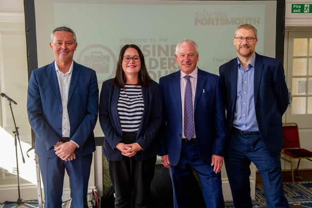 Shaping Portsmouth conference at Queens Hotel, Southsea on 14th October 2021Pictured: Simon Barrable, Samantha McGrath,  Stef Nienaltowski and editor of The News, Mark WaldronPicture: Habibur Rahman