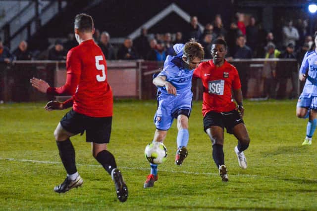 Fareham (red) v AFC Portchester. Picture by Daniel Haswell