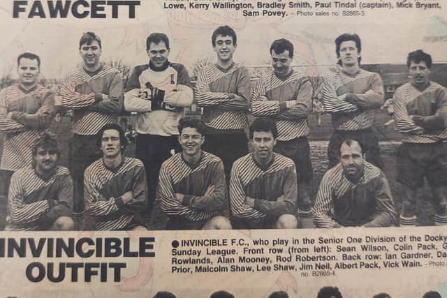 Invincible, Dockyard Sunday League. Back (from left): Ian Gardner, Danny Prior, Malcolm Shaw, Lee Shaw, Jim Neill, Albert Pack, Vick Wain. Front: Sean Wilson, Colin Pack, Gary Rowlands, Alan Mooney, Rod Robertson.