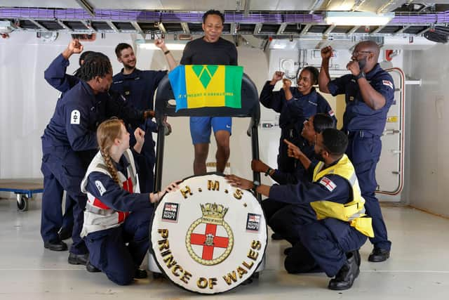 Sailors on HMS Prince of Wales pictured as they take on their epic fundraising run. Photo: LPhot Finn Hutchins