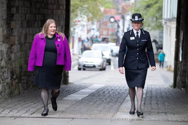 Hampshire Police and Crime Commissioner Donna Jones (left) has criticised how her force handled a man who posted an offensive video on social media. She is pictured during a walkabout with Hampshire Police Chief Constable Olivia Pinkney in Winchester, Photo: Andrew Matthews/PA Wire