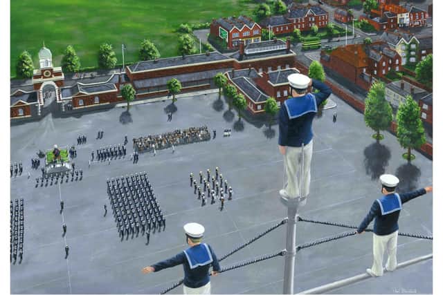 The Button Boy atop the mast at HMS St Vincent. Picture: Neil Marshall