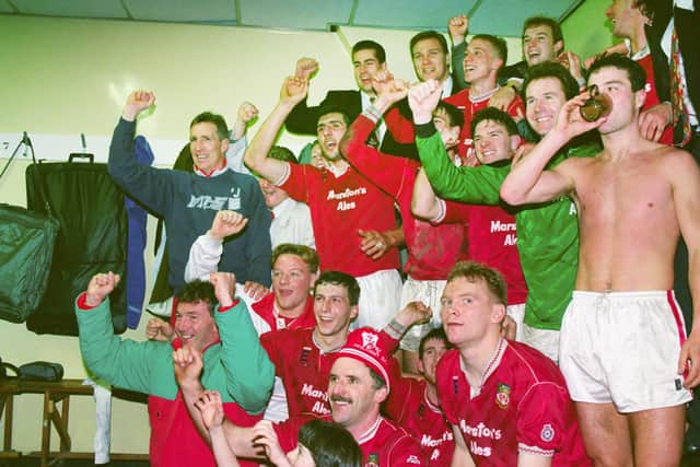Fourth tier Wrexham celebrate after beating top flight Arsenal 2-1 in the third round of the FA Cup in January 1992. Photo by Stephen Munday/Allsport/Getty Images.
