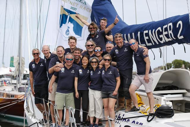 The crew of Challenger 2 following the 2021 Rolex Fastnet Race, including record breaking youngster Zoë d’Ornano