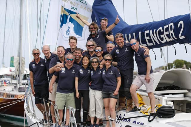 The crew of Challenger 2 following the 2021 Rolex Fastnet Race, including record breaking youngster Zoë d’Ornano